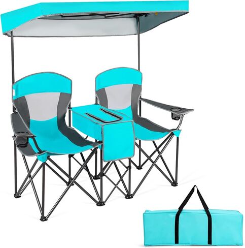 Tangkula Loveseat Camping Chair with Adjustable Shade Canopy, Portable Beach Chair with Cooler Bag, 2 Cup Holders, Carrying Bag, Foldable Double Lawn Chair for Travel, Fishing, Picnic (Navy) in Kuwait