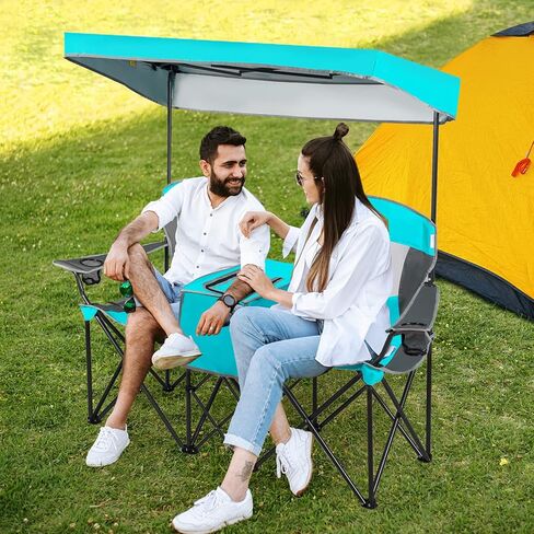 Tangkula Loveseat Camping Chair with Adjustable Shade Canopy, Portable Beach Chair with Cooler Bag, 2 Cup Holders, Carrying Bag, Foldable Double Lawn Chair for Travel, Fishing, Picnic (Navy) in Kuwait