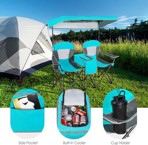 Tangkula Loveseat Camping Chair with Adjustable Shade Canopy, Portable Beach Chair with Cooler Bag, 2 Cup Holders, Carrying Bag, Foldable Double Lawn Chair for Travel, Fishing, Picnic (Navy) in Kuwait