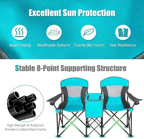 Tangkula Loveseat Camping Chair with Adjustable Shade Canopy, Portable Beach Chair with Cooler Bag, 2 Cup Holders, Carrying Bag, Foldable Double Lawn Chair for Travel, Fishing, Picnic (Navy) in Kuwait