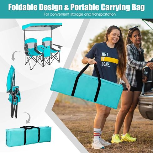 Tangkula Loveseat Camping Chair with Adjustable Shade Canopy, Portable Beach Chair with Cooler Bag, 2 Cup Holders, Carrying Bag, Foldable Double Lawn Chair for Travel, Fishing, Picnic (Navy) in Kuwait
