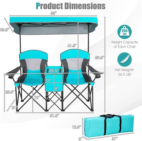 Tangkula Loveseat Camping Chair with Adjustable Shade Canopy, Portable Beach Chair with Cooler Bag, 2 Cup Holders, Carrying Bag, Foldable Double Lawn Chair for Travel, Fishing, Picnic (Navy) in Kuwait