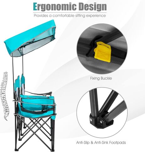 Tangkula Loveseat Camping Chair with Adjustable Shade Canopy, Portable Beach Chair with Cooler Bag, 2 Cup Holders, Carrying Bag, Foldable Double Lawn Chair for Travel, Fishing, Picnic (Navy) in Kuwait