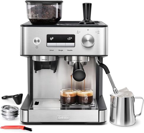 Gevi [2024 Upgraded Dual Boiler Espresso Machine EzBru 2000 | 58mm Grouphead | Barista Level Steam Wand | Built-in Grinder With 31 Size Settings | Full Stainless Steel Housing | Sterling Silver in Kuwait