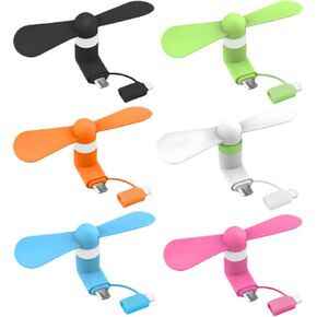 Portable Phone Fan, 2-in-1 Mini Cooling Fan for iPhone iPad, 6-Pack, Compatible with Micro USB (Black)