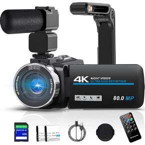 Camcorder Video Camera 4K Ultra HD 80MP Vlogging Camera for YouTube 18X Digital Zoom Recorder IR Night Version 3.0" IPS HD Screen With Handheld Stabilizer, Microphone, Remote Control and 32GB SD Card