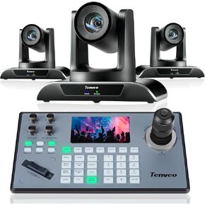 Tenveo PTZ Camera and Controller Bundle/Kits - 20X PTZ Camera(3pcs) with HDMI/USB3.0/LAN(PoE) and PTZ Controller PoE Joystick Keyboard Controller for Church Worship Services Live Streaming Conference