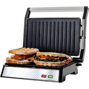 OVENTE Electric Indoor Panini Press Grill and Sandwich Maker with Non-Stick Coated Plates, Cool-Touch Handle and Removable Drip Tray, Opens 180 Degrees to Fit Any Type or Size of Food, Silver GP0540BR
