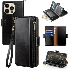 Antsturdy Compatible with iPhone 13 Pro Wallet Case,RFID Blocking PU Leather Phone Case Women Men flip Shockproof Protective Cover Strap Zipper Credit Card Holder Slots,for Apple 13 Pro,Wine Red