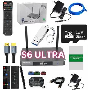 2025 Version S6 Ultra 4GB RAM 128GB ROM 6K Ultra HD Built-in Voice Control 2*HDMI Cable,2* Power Supply,1* Voice Remote Control,1 * 128 TF Card, 1 * 128 USB Flash Driver ect