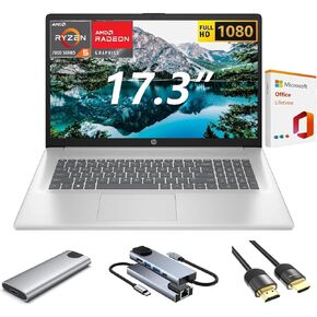 HP 2025 17 inch Laptop Business, 17.3" IPS FHD Display, AMD Ryzen 5 Processor (Beats i7-1165G7), 16GB RAM, 512GB SSD, WiFi 6, Copilot, w/Accessory, with 2019 Lifetime Office, Windows 11 Home
