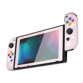 eXtremeRate Soft Touch Joycon Handheld Controller Housing with Coloful Buttons, Custom Petals Replacment Shell Case with Pink Border Tempered Glass Screen Protector for Nintendo Switch Joy-Con
