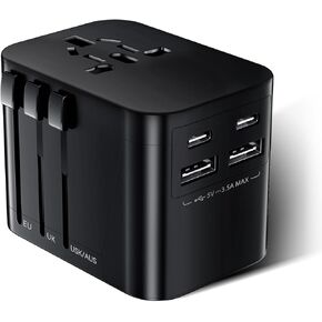 Universal Travel Adapter, International Travel Plug Adapter with 2 USB-C ＆ 2 USB-A Ports, All in One Portable Adaptor, for USA, UK, EU, AU ＆ 160+ Countries