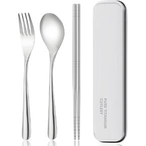 Titanium cutlery set, travel cutlery with box, including titanium fork, chopsticks and spoon, packed in a handbag, portable, suitable for school, work, picnic, camping use