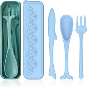 Reusable Travel Utensils with Case, Ocean Themed Fork and Spoon Set for Lunch Box, Portable Cutlery Set for Adults Picnic Camping Utensils (4, Dark Blue, Light Blue, Dark Green, Light Green)