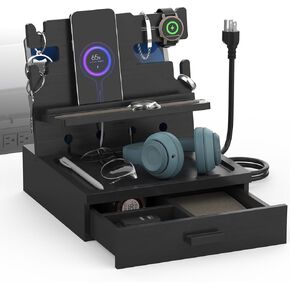 Nightstand Organizer, Wood Bedside Organizer Docking Station with USB Ports and Outlets, Gifts for Men, Nightstand Drawer Organizer for Cellphone, Watch, Sunglasses & Accessories