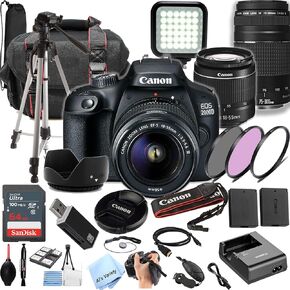 Canon EOS 2000D / Rebel T7 DSLR Camera | 2 عدسة مجموعة مع EF18-55MM + EF 75-300MM LENS + 64GB ذاكرة ، مصباح LED ، حالة ، ترايبود ، مرشحات ، قبضة وأكثر (حزمة 32PC) (متجددة)