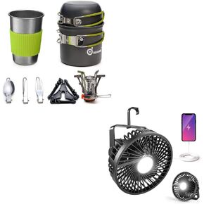 Odoland Bundle - 2 Items Camping Cookware Stove Carabiner Canister Stand Tripod and Stainless Steel Cup Camping Fan with Lantern