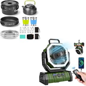 Odoland Bundle - 2 Items 15pcs Camping Cookware Mess Kit and Camping Fan with Remote Control