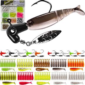 Crappie Lures Jigs Heads Kit, 110 Pcs Underspin Fishing Jig Heads Hooks Lures Swimbait with Crappie Baits Soft Plastic Split Tail Grub Shad Minnow for Freshwater Saltwater Bass Trout Walleye
