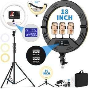 18 inch Ring Light wiht Stand+10 inch Light,Foldable Large Ring Light for ipad iPhone,LCD Display/4 Clips/2 USB Ports,2700-6500K with Tripod for Tattoo Lash Barber Makeup Photography Lighting