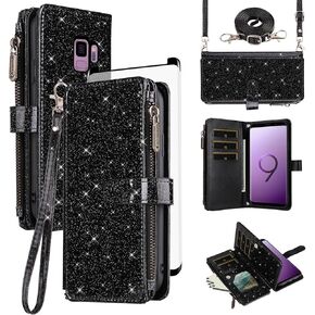 Asuwish Phone Case for Samsung Galaxy S9 Wallet Accessories Stand Wrist Cell Cover with Tempered Glass Screen Protector Strap Bling Glitter Zipper Flip Credit Card Holder S 9 Edge 9S GS9 Women Purple