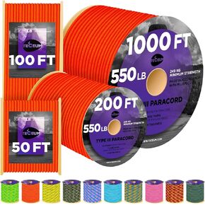 TECEUM Paracord Type III 550 Neon Orange – 100 ft – 4mm – Tactical Rope MIL-SPEC – Outdoor para Cord –Camping Hiking Fishing Gear and Equipment – EDC Parachute Cord – Strong Survival Rope 345b