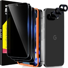 Milomdoi 3 Pack Privacy Screen Protector for Google Pixel 9A Tempered Glass with 3 Pack Camera Lens Protector, Ultra 9H Accessories [Support Fingerprint Unlock] Case Friendly, Black