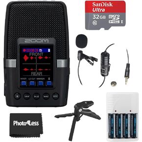Zoom H2essential Multi-Mic Handy Recorder Bundle with 32GB microSDHC Card with Adapter, Vidpro Professional Lavalier Condenser Microphone, 4 AA Batteries & Charger, Table Tripod Hand Grip