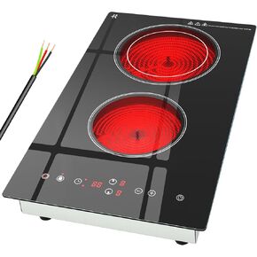 Electric Cooktop 2 Burner, 3200W Radiant Electric Stove Top 240V with Built-in Design, 12 inch Touch Control Ceramic Cooktop with Safety Lock, 9 Level Power, Timer - Hard Wire
