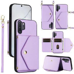 Wallet Case for Samsung Galaxy Note 10 Plus Note10+ 5G with Wrist Strap Shoulder Strap, Leather Credit Card Holder Stand Phone Cover for Note10 + Notes 10+ Ten Not S10 10Plus Women Men White