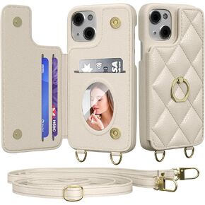 Crossbody Wallet with Cosmetic Mirror Case for iPhone 14 Pro Max, UP Leather Case with Card Slots Invisible Stand, Women Detachable Lanyard 6.7-Inch Phone Case White