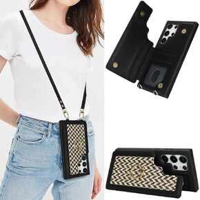 Crossbody Wallet Case for Samsung Galaxy S24 Ultra (Not S24/S24 Plus), PU Leather with Wristlet Strap Card Holder 360° Ring Kickstand Cover for Women Case for Samsung S24 Ultra.Lines Blue