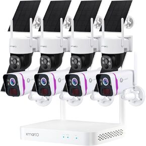 XMARTO 2K HD Wire-Free Solar Home Security Camera System Wireless, 8-Camera Set with 4 Bullet Cameras & 4 Starlight Night Color PTZ Solar Cameras