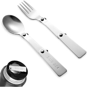 2PCS Foldable Spoon & Fork Replacement, Compact Stainless Steel Camping Spork and Spoon for Outdoors Travel Camping Hiking Activities - Silver