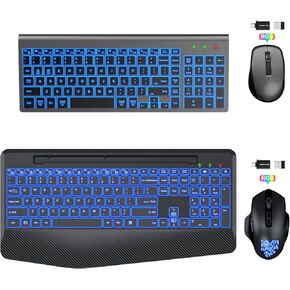 SABLUTE 2 Pack Wireless Keyboard and Mouse Combo with Backlit, Silent Light Up Keys, RGB Mouse Rechargeable Cordless Computer Keyboard Set for Windows, Mac, PC, Laptop