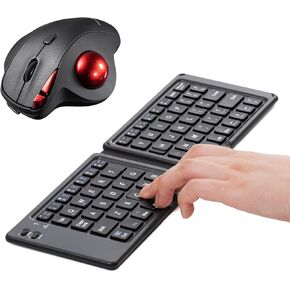 SANWA Foldable Keyboard and Programmable 2.4G Wireless Trackball Mouse Set, Bluetooth Portable Folding keyboard, Silent Roller Ball Mice, 600/800/1200/1600 dpi, Compatible for Mac, Windows, Laptop, PC