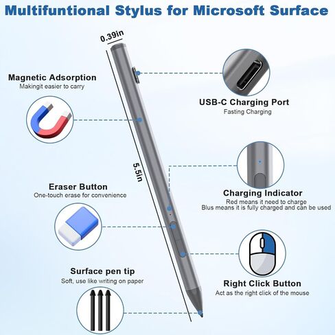 Surface Pro Pen Stylus for Surface Pro 11/9/10/8/X/7/6/5/4/3(4096 Finest Control, Eraser Key), Microsoft Surface Pen with USB-C Fast Charge, Surface Pro Pencil for Surface Go 2/3/4/Book/Laptop/Studio in Saudi Arabia