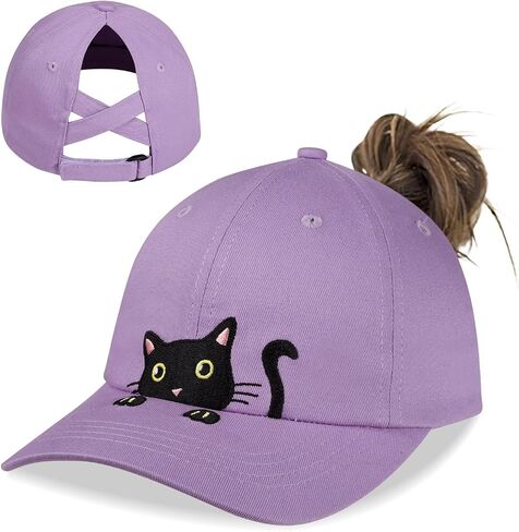 Girls Ponytail Hat Criss Cross Baseball Cap Cute Cat Embroidered Trucker Hat for Women in Saudi Arabia