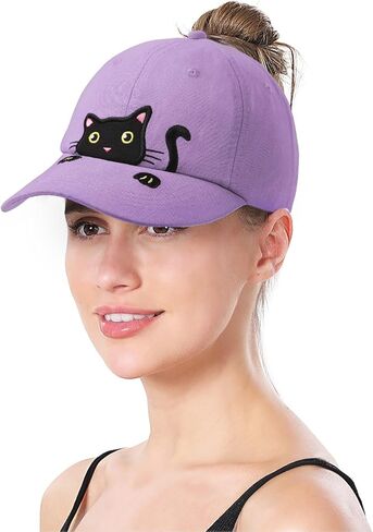Girls Ponytail Hat Criss Cross Baseball Cap Cute Cat Embroidered Trucker Hat for Women in Saudi Arabia