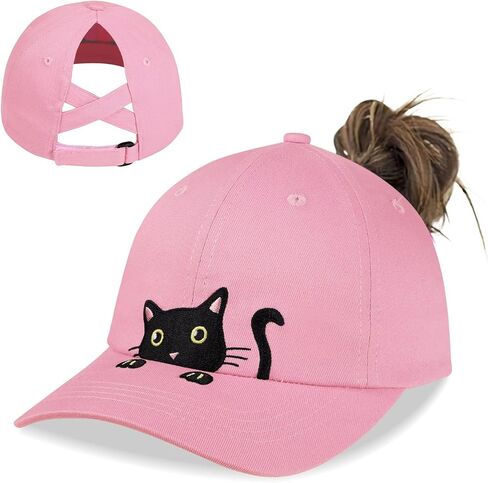 Girls Ponytail Hat Criss Cross Baseball Cap Cute Cat Embroidered Trucker Hat for Women in Saudi Arabia
