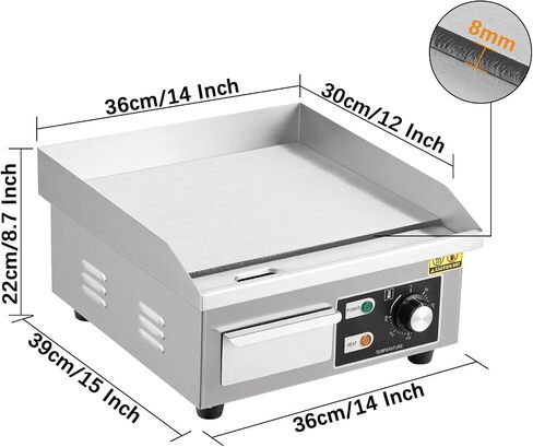 14" Commercial Electric Griddle, Stainless Steel Countertop Griddle, Electric Flat Top Grill With Shovel Brush, Restaurant Teppanyaki Grill Cooking Equipment, Temperature Control 50°C - 300°C in Kuwait