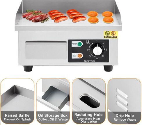 14" Commercial Electric Griddle, Stainless Steel Countertop Griddle, Electric Flat Top Grill With Shovel Brush, Restaurant Teppanyaki Grill Cooking Equipment, Temperature Control 50°C - 300°C in Kuwait