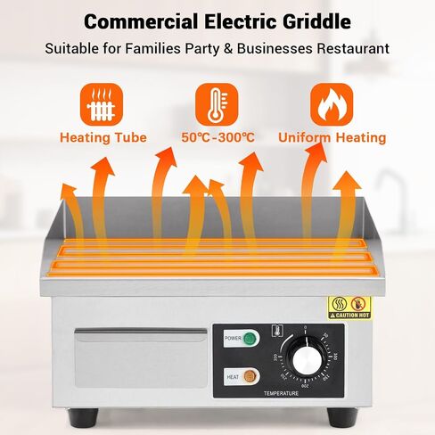 14" Commercial Electric Griddle, Stainless Steel Countertop Griddle, Electric Flat Top Grill With Shovel Brush, Restaurant Teppanyaki Grill Cooking Equipment, Temperature Control 50°C - 300°C in Kuwait