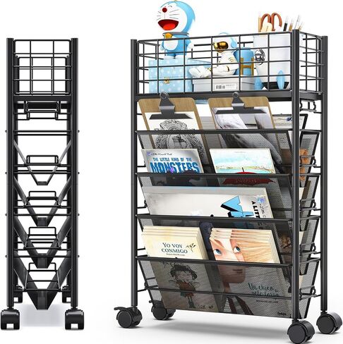TOOLF 5 Tier Rolling Bookshelf, Metal Book Storage Organization with Wheels, Mobile Rolling Book Cart for Classroom Dorm School Home, Rolling File Cart for Office Study, White in Saudi Arabia