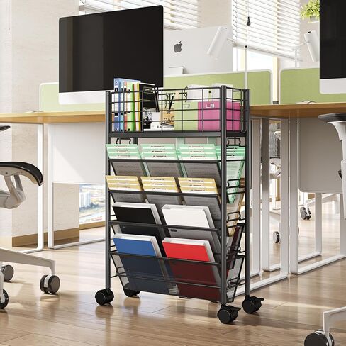 TOOLF 5 Tier Rolling Bookshelf, Metal Book Storage Organization with Wheels, Mobile Rolling Book Cart for Classroom Dorm School Home, Rolling File Cart for Office Study, White in Saudi Arabia
