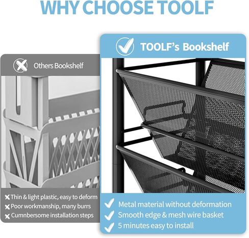 TOOLF 5 Tier Rolling Bookshelf, Metal Book Storage Organization with Wheels, Mobile Rolling Book Cart for Classroom Dorm School Home, Rolling File Cart for Office Study, White in Saudi Arabia