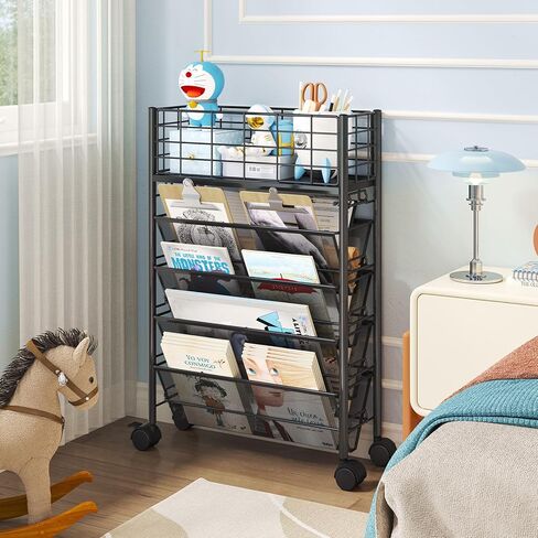TOOLF 5 Tier Rolling Bookshelf, Metal Book Storage Organization with Wheels, Mobile Rolling Book Cart for Classroom Dorm School Home, Rolling File Cart for Office Study, White in Saudi Arabia