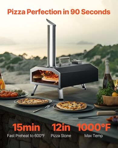 VEVOR Multi-fuel Outdoor Pizza Oven, 12-inch Gas & Wood Fired Pizza Maker with Auto Rotatable Stone, Portable Pizza Ovens for Outside Backyard Camp, Carry Cover, Shovel, CSA Certified, Black in Saudi Arabia