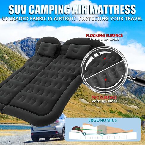 Car Air Mattress Bed, Inflatable Car Bed for SUV - Flocking+PVC Backseat Camping Mat with1 Charger, Mattress Sleeping Pads with 2 Pillows Fits Most SUVs Sedans Truck Van Rear Seat, 68L× 51W × 5.11H in Kuwait